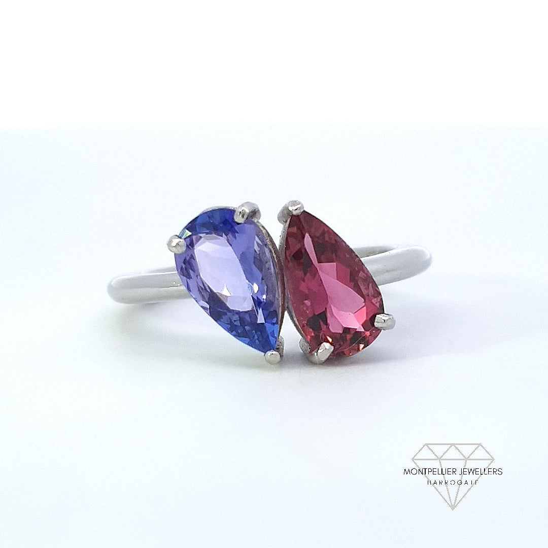 Tanzanite & Tourmaline Toi et Moi Ring Set In Platinum