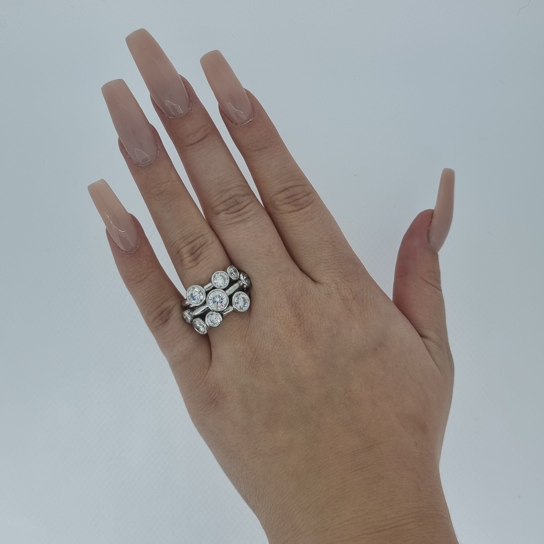 Large 3 Row Platinum Diamond Bubble  Ring