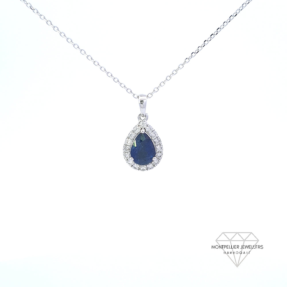 Sapphire and Diamond Pear Shaped Pendant Set in 18ct White Gold