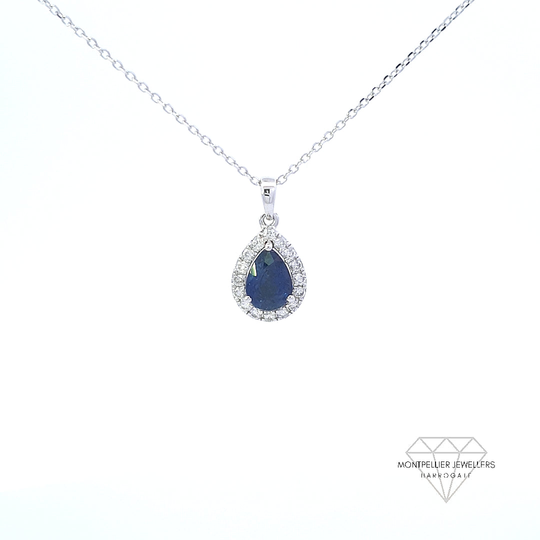Sapphire and Diamond Pear Shaped Pendant Set in 18ct White Gold