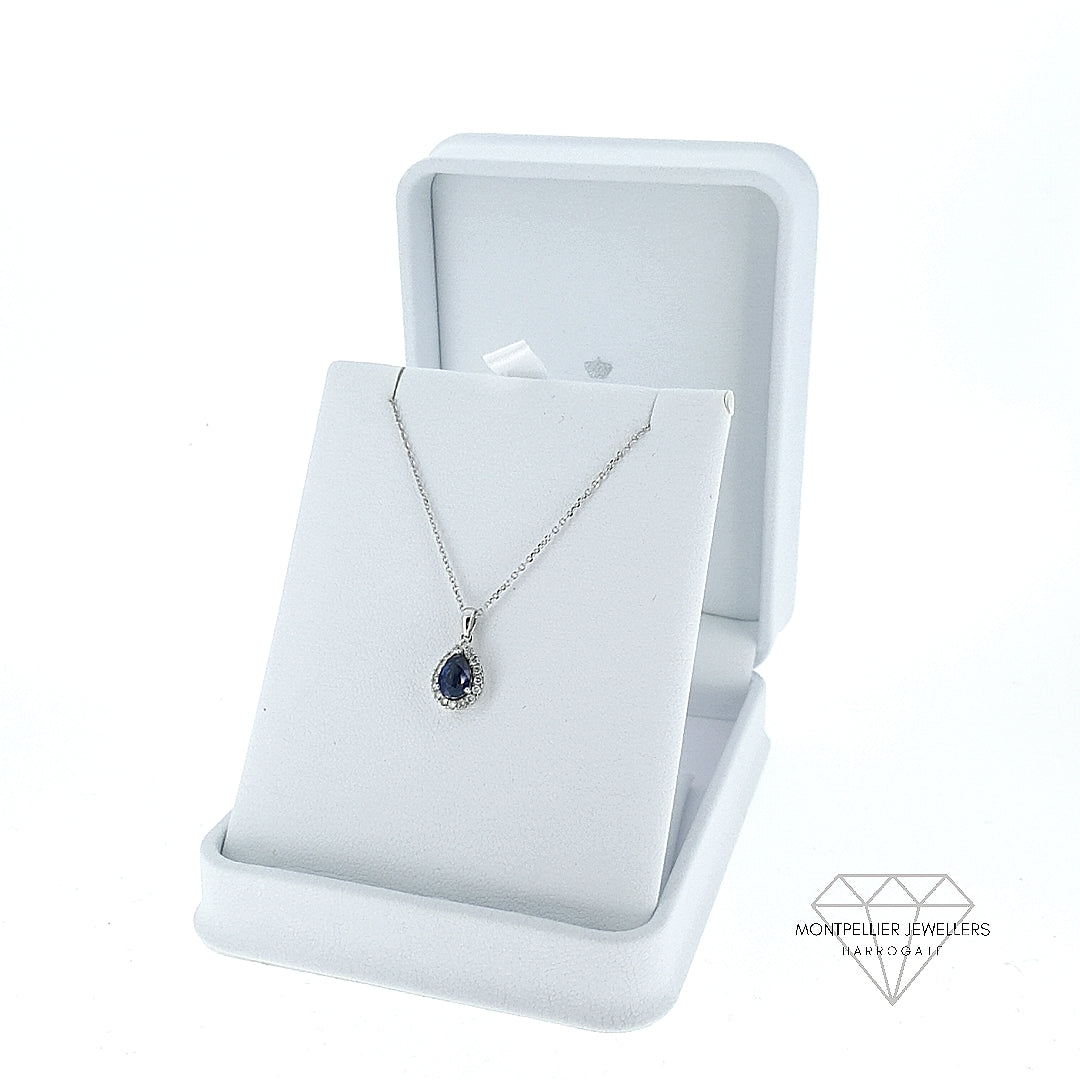 Sapphire and Diamond Pear Shaped Pendant Set in 18ct White Gold