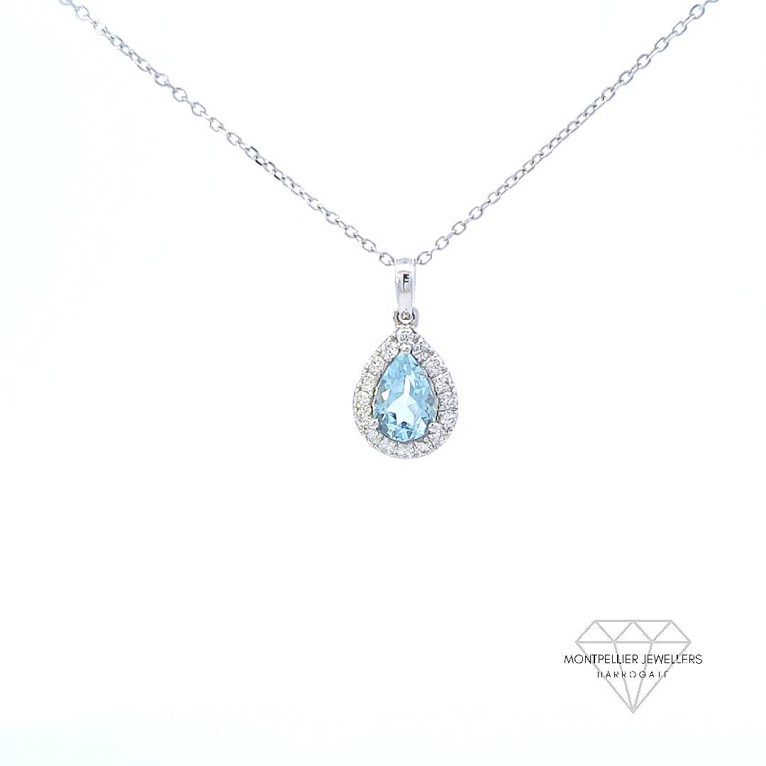 Aquamarine and Diamond Pear Shaped Pendant Set in 18ct White Gold