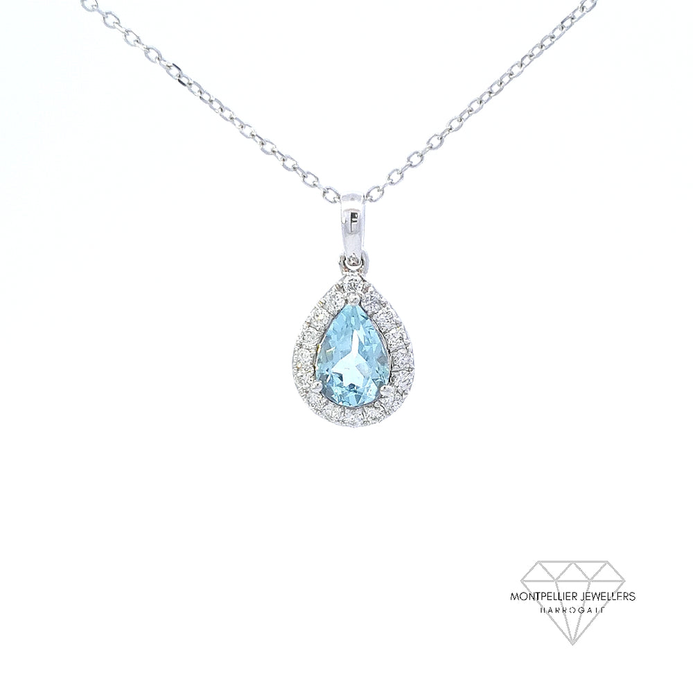 Aquamarine and Diamond Pear Shaped Pendant Set in 18ct White Gold
