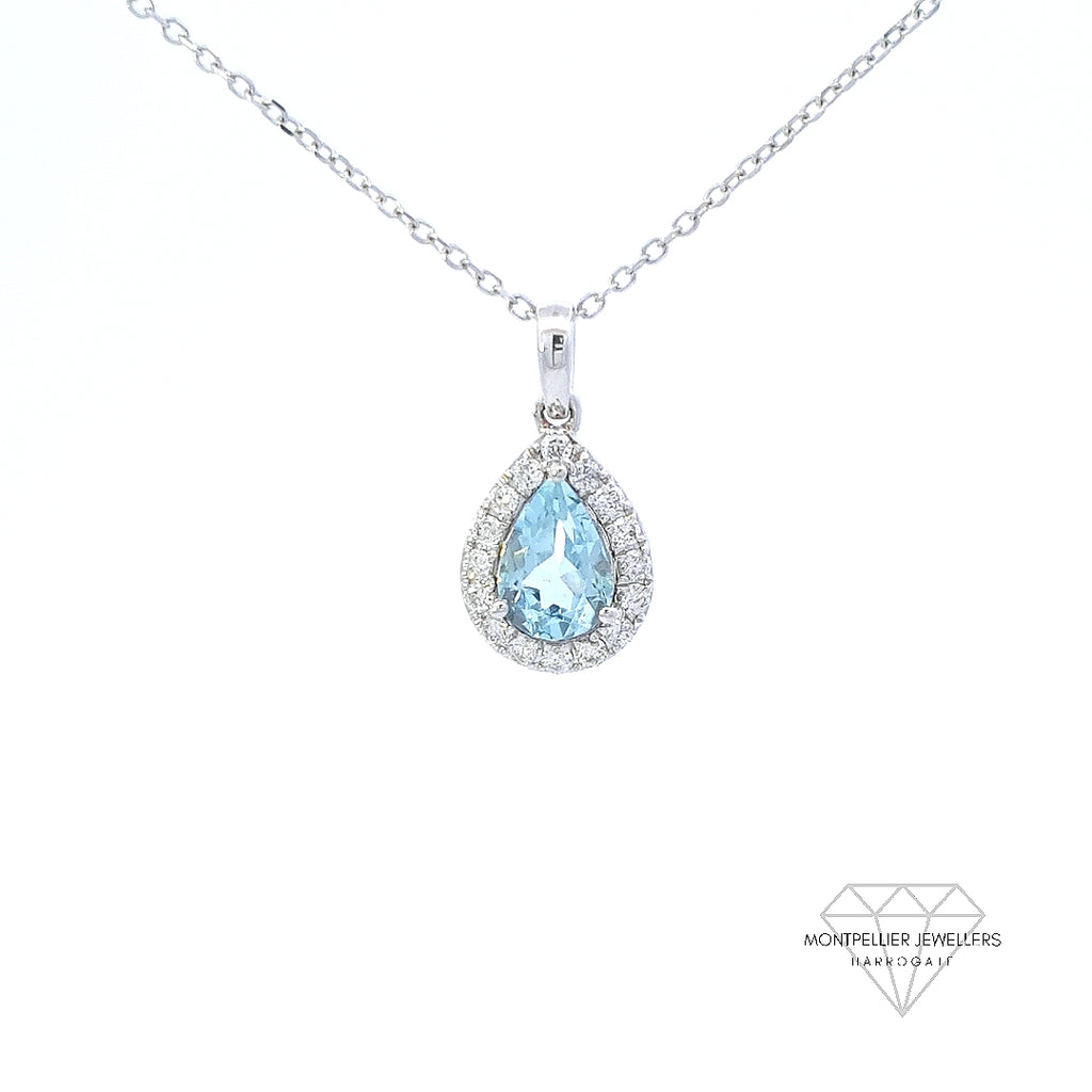 Aquamarine and Diamond Pear Shaped Pendant Set in 18ct White Gold