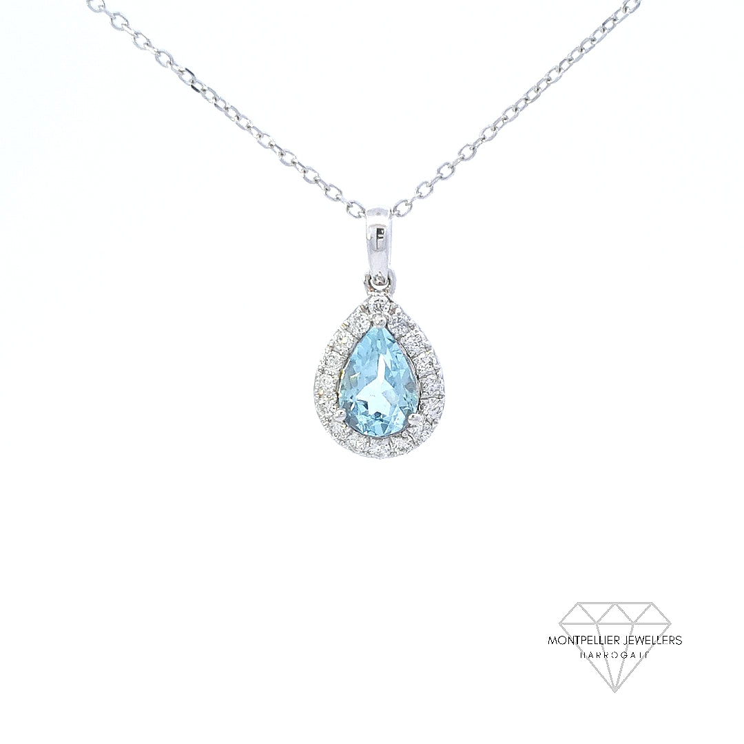 Aquamarine and Diamond Pear Shaped Pendant Set in 18ct White Gold
