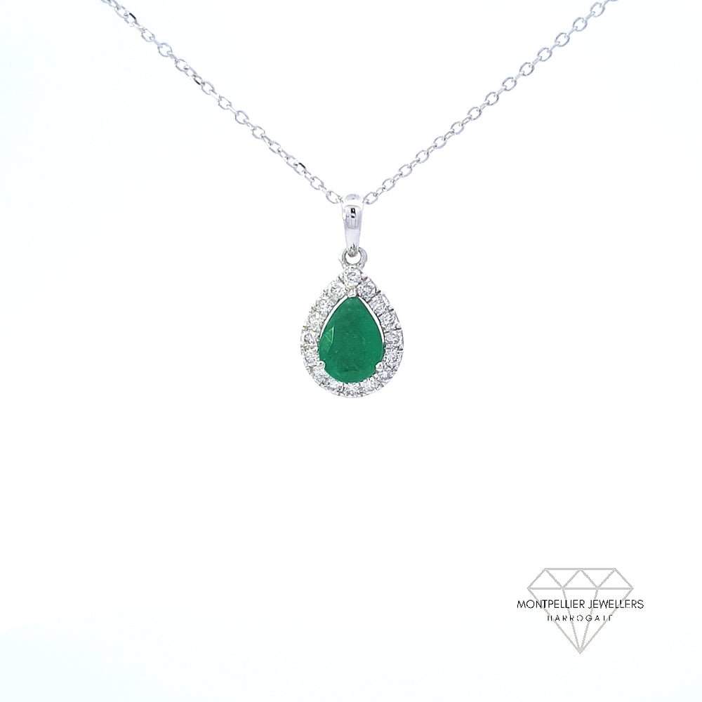 Emerald and Diamond Pear Shaped Pendant Set in 18ct White Gold
