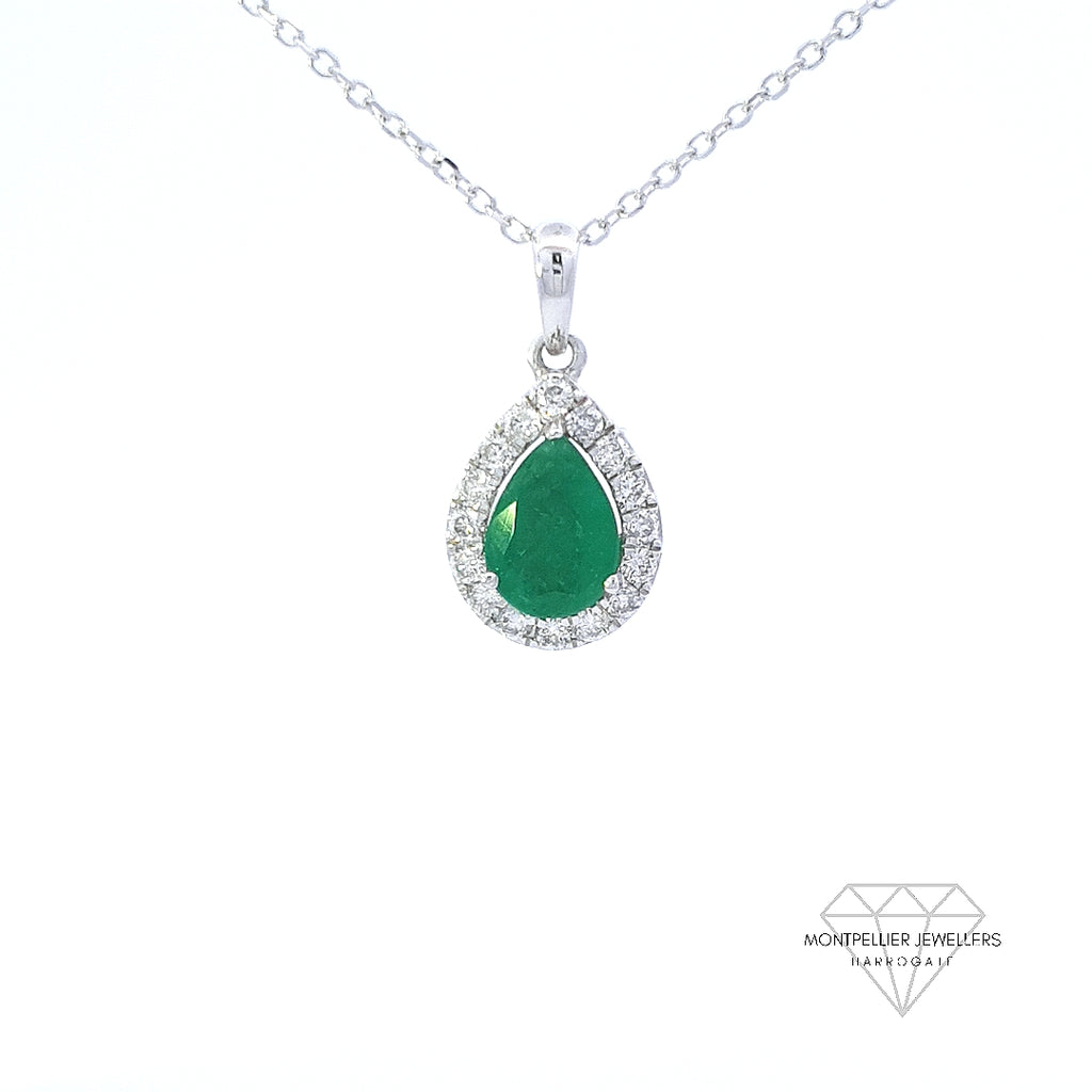 Emerald and Diamond Pear Shaped Pendant Set in 18ct White Gold